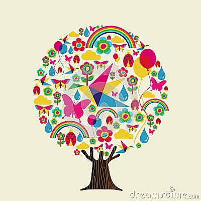 Spring season tree of colorful springtime icons Vector Illustration