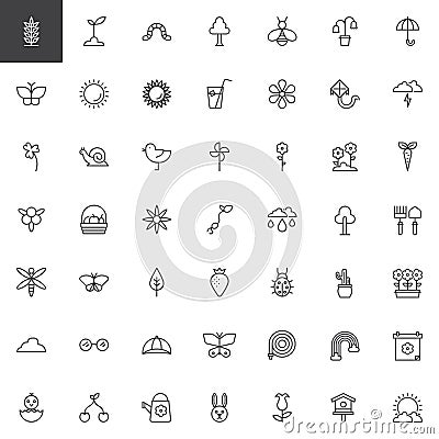 Spring season universal outline icons set Vector Illustration