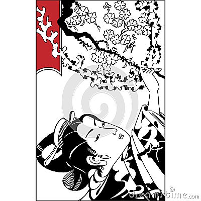 Spring season vector background with beautiful Japanese geisha a Vector Illustration