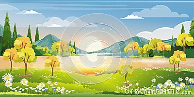 Spring season in village with lake, mountain, green meadow, orange and blue sky in evening,Vector Countryside landscape, wild Vector Illustration