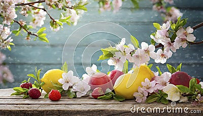 Spring Serenade. Whimsical Fruit and Flower Display on Wood. Stock Photo