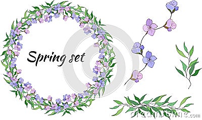 Spring set of floral patterns, ornaments and vector wreaths of delicate violet flowers and green leaves to decorate cards, Vector Illustration