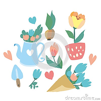 Spring set of flowers, watering cans Stock Photo