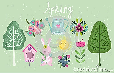 spring set trees rabbit flowers watering can bird house Vector Illustration