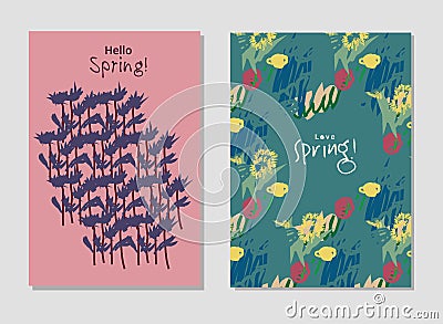 Spring set universal floral cards and text signs. Vector Illustration