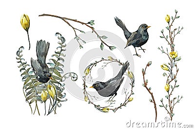 Spring set of watercolor illustrations. Floral compositions, wreath and birds. Elements for cards and packaging Cartoon Illustration