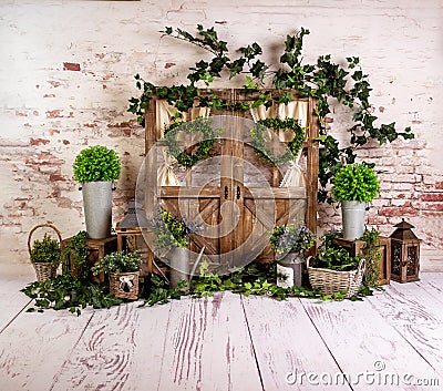 Spring sett up with green plans and vintage wood parquet Stock Photo