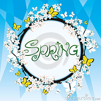 Spring sign with cherry blossoms. Vector Illustration