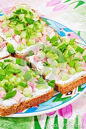 Spring snacks - light open faced sandwiches Stock Photo