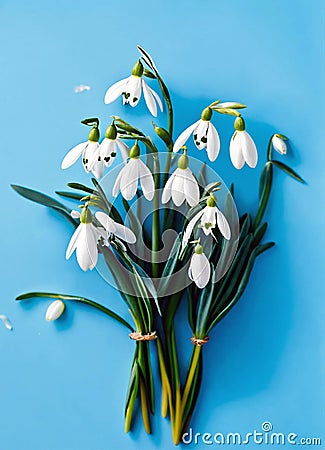 spring, spring snowdrops, happy spring day, for international women s day, on a blue plain background, isolated Stock Photo