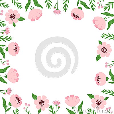 Spring square frame with flowers and twigs with space for text in the center. Simple plants, kids drawing for templates Vector Illustration