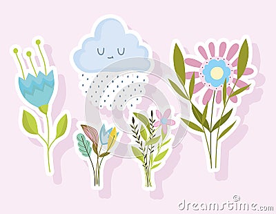 spring stickers icon flowers bouquet nature cloud rain Vector Illustration