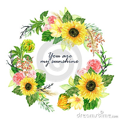 Spring summer botanical sunflower blossom foliage bouquet watercolor colorful wreath for wedding party for invitation card party Stock Photo