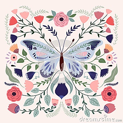 Spring summer butterfly composition, poster, greeting card with flowers in bloom Vector Illustration