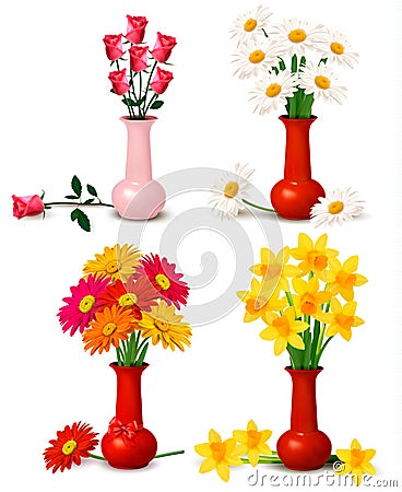 Spring and summer colorful flowers in vases Vector Illustration