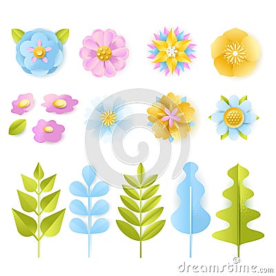 Spring, summer 3d paper cut floral design elements set. Vector craft leaves, flowers, isolated on white background Vector Illustration
