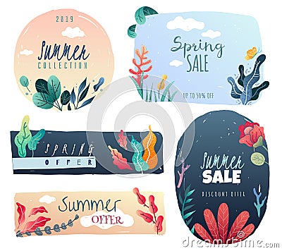 Spring summer decorative emblems. Drawn decorative elements. trending style. Vector Illustration