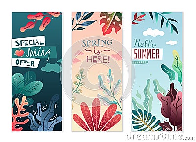 Spring summer decorative vertical banners. Pleasant colors and delicate gradients. Vector Illustration