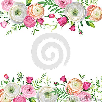 Spring and Summer Floral Frame for Holidays Decoration. Wedding Invitation, Greeting Card Template with Blooming Flowers Vector Illustration