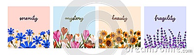 Spring and summer flowers, square card designs set. Floral backgrounds, blossomed garden nature. Field and meadow blooms Vector Illustration