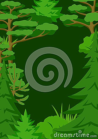 Spring or summer forest. Background with stylized trees. Seasonal illustration. Vector Illustration