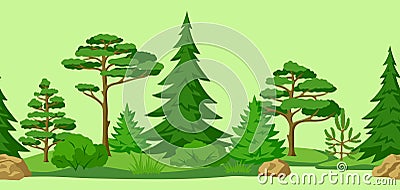 Spring or summer forest pattern. Background with stylized trees. Seasonal illustration. Vector Illustration