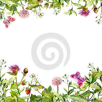Spring, summer garden: flowers, grass, herbs, butterflies. Floral pattern. Watercolor Stock Photo