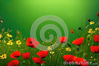 Spring, summer, green abstract background with red poppies and yellow flowers. Generative-AI Stock Photo