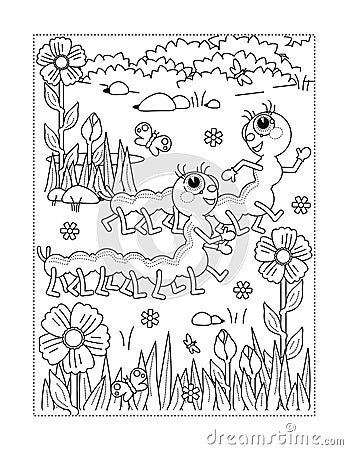 Coloring page with caterpillars, flowers, grass Vector Illustration