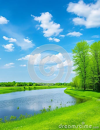 Spring summer landscape blue sky clouds Narew river boat green trees Stock Photo