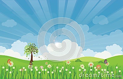 Spring summer meadow landscape with sun rays and flowers. Vector Illustration