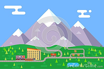 Spring summer mountain village hotel resort holidays bus shop flat design vector illustration Vector Illustration