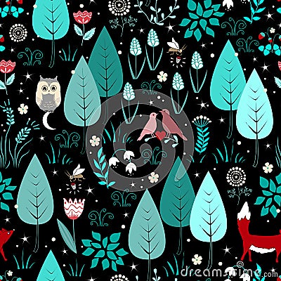 Spring or summer pattern with fox, birds, flowers, and trees. Cute magic forest background Vector Illustration