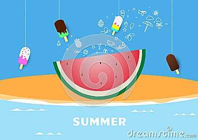 Spring Summer poster banner Watermelon vector illustration, lettering and pink design for poster card, Vector Illustration