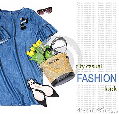 Spring summer romantic outfit with denim dress and trendy basket Stock Photo