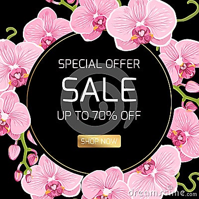 Sale banner orchid flowers wreath frame round ring Vector Illustration