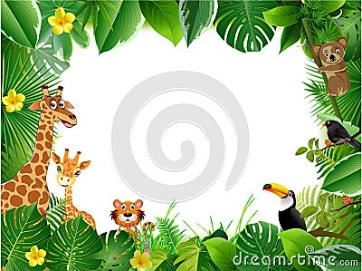 Bright tropical background with cartoon; jungle; animals; Stock Photo