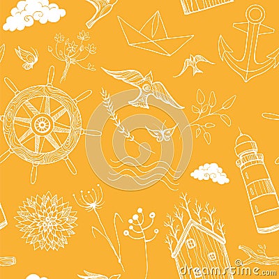 Spring, summer travel seamless pattern. Sea and forest vacation. Vector Illustration