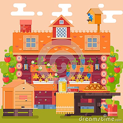 Spring and summer in village garden. Countryside. Flowers, fruits, vegetables. Vector illustration Vector Illustration