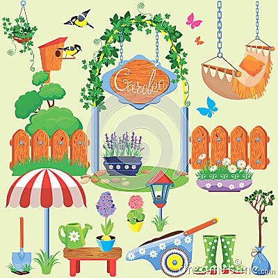 Spring and summer village and garden set with flowers Vector Illustration
