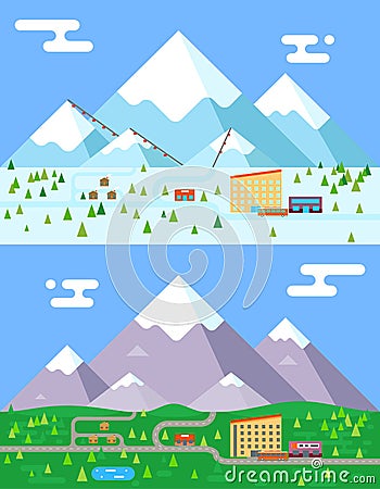 Spring summer winter seasons mountain village hotel resort holidays bus shop funicular flat design vector illustration Vector Illustration