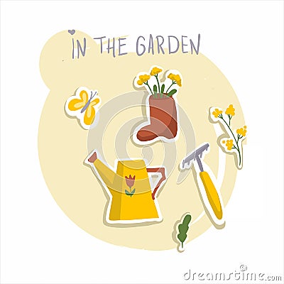 Spring and summer. Work in the garden. Butterfly, watering can, flowers, rake, boot Vector Illustration