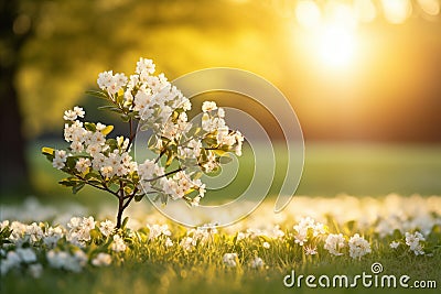 Spring sunrise blooming tree in meadow on easter morning with blurred background and copy space Stock Photo