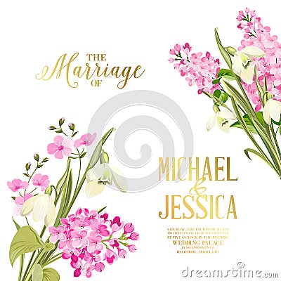 Spring syringa flowers background for the marriage card design. Blossom flower pattern for invitation card. Vector Illustration