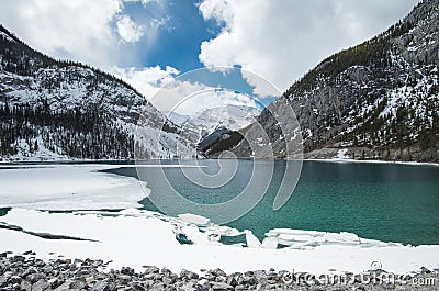 The spring is thawing the ice on Canmore Albert`s frozen lakes Stock Photo