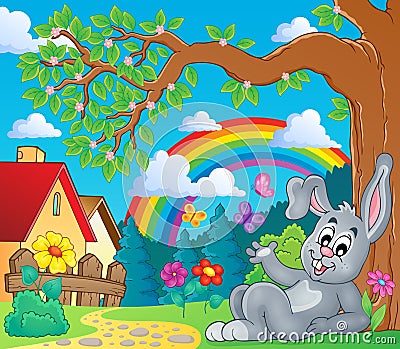 Spring theme with bunny and rainbow Vector Illustration