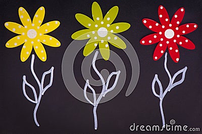 Spring - three flowers on chalkboard - wood material Stock Photo