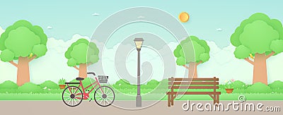 Spring Time, bicycle in the garden with wooden bench and street light, plant pots and flowers on grass Vector Illustration