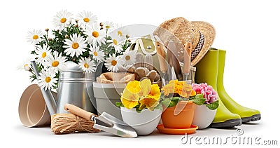 Spring time blooms, pots colorful primroses and vase of daisies, green rubber boots and watering can. Gardening tools, trowel, Stock Photo