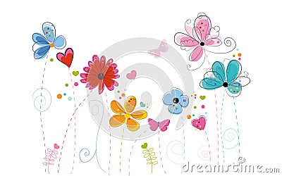 Spring time colorful abstract doodle flowers vector background Vector Illustration